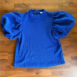 THML Blue Textured Puff Sleeve Mock Neck Blouse‎ Sz S